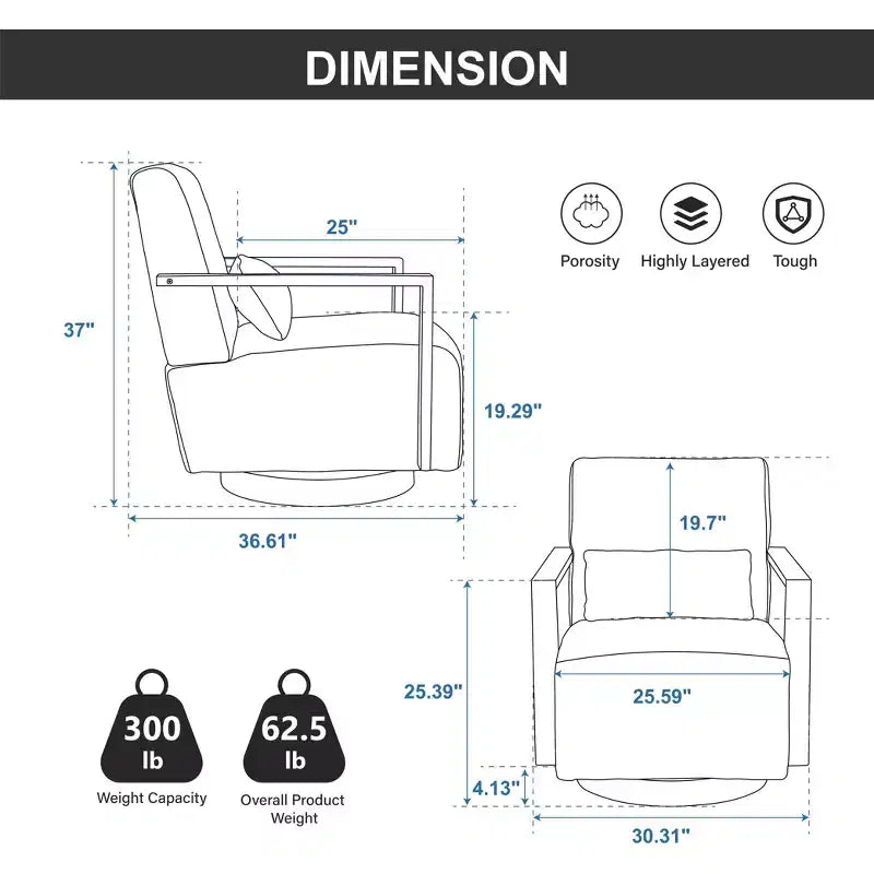 Poltrone decorative per camera da letto, poltrona girevole moderna da 77 cm di larghezza con braccioli in legno massello e sedia lounge comoda a 360 gradi per la lettura