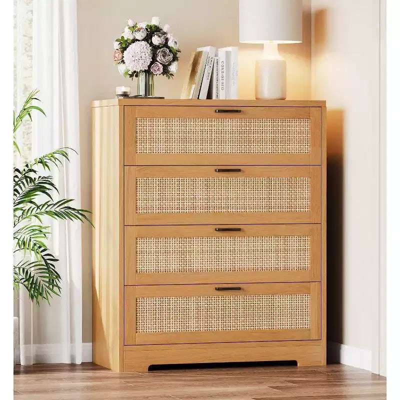 Cassettiera in rattan a 4 cassetti, Contenitore con cassetti, Comò moderno in legno per camera da letto, per Camera da letto, Ingresso, Corridoio