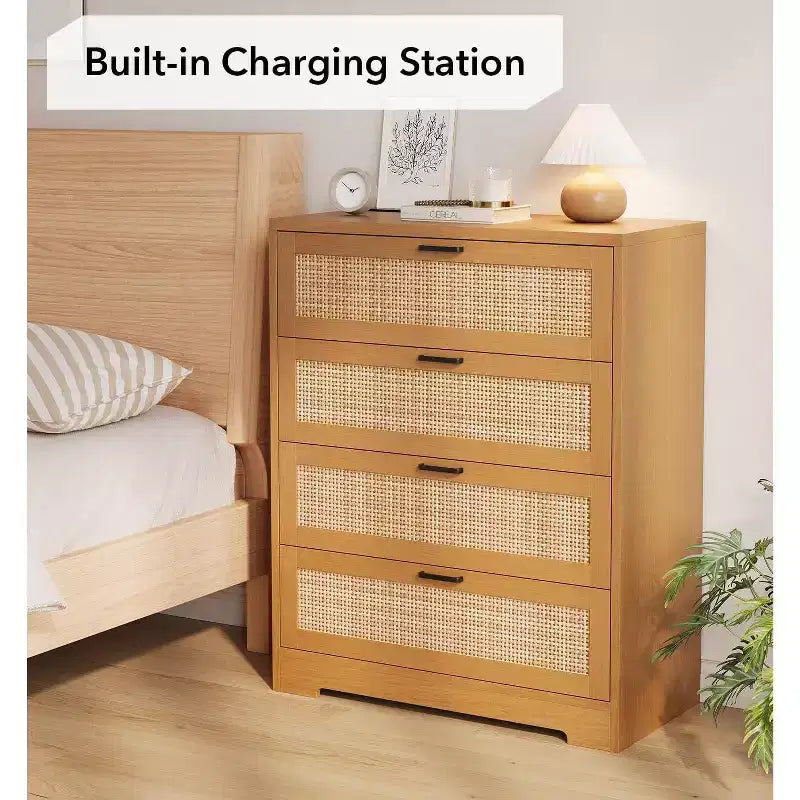 Cassettiera in rattan a 4 cassetti, Contenitore con cassetti, Comò moderno in legno per camera da letto, per Camera da letto, Ingresso, Corridoio