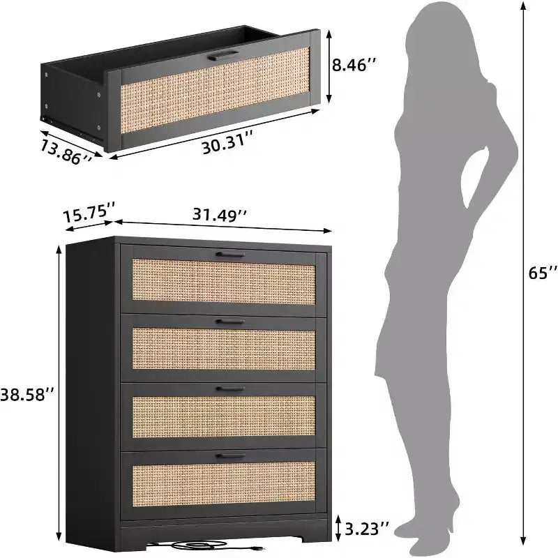 Cassettiera in rattan a 4 cassetti, Contenitore con cassetti, Comò moderno in legno per camera da letto, per Camera da letto, Ingresso, Corridoio