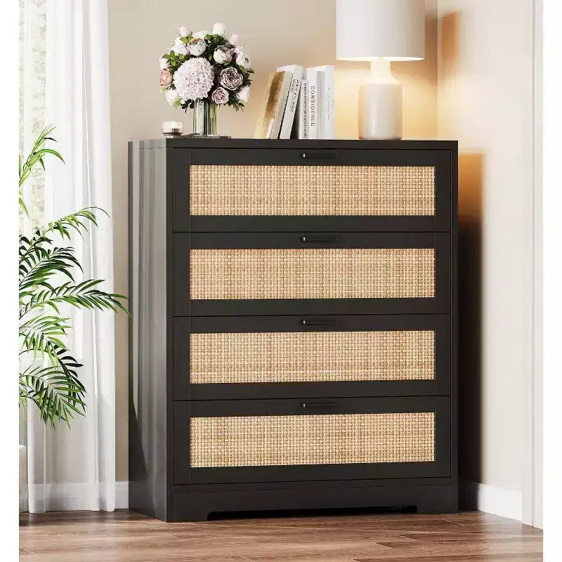 Cassettiera in rattan a 4 cassetti, Contenitore con cassetti, Comò moderno in legno per camera da letto, per Camera da letto, Ingresso, Corridoio