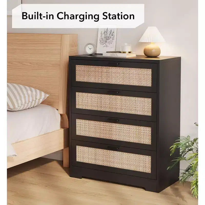 Cassettiera in rattan a 4 cassetti, Contenitore con cassetti, Comò moderno in legno per camera da letto, per Camera da letto, Ingresso, Corridoio