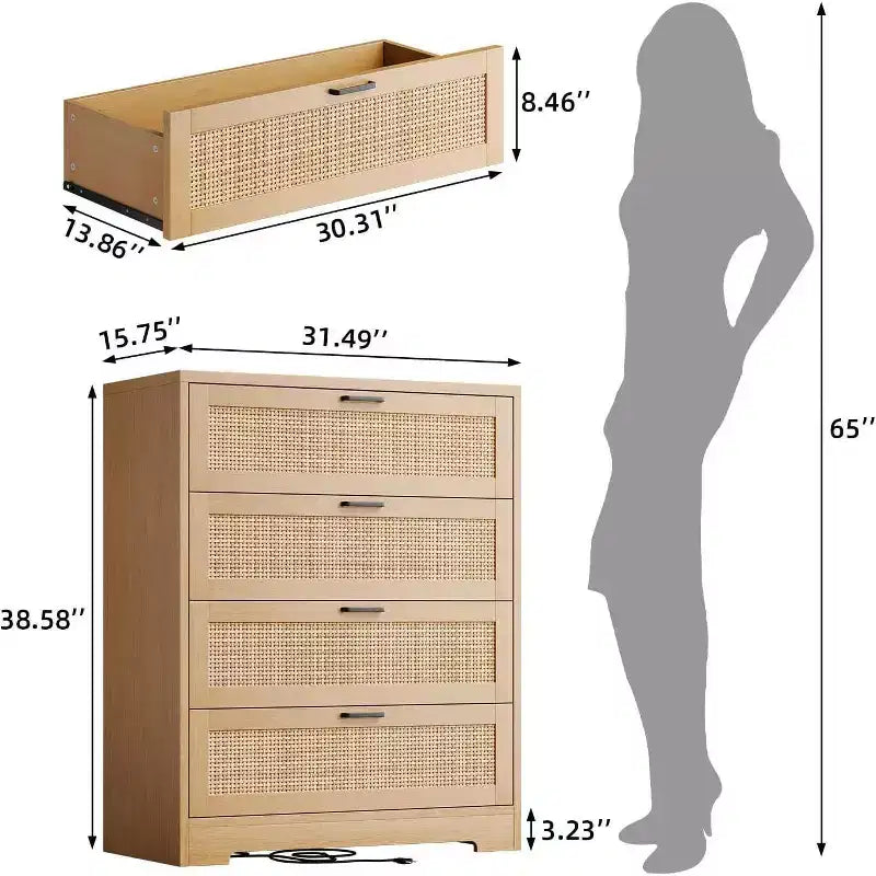 Cassettiera in rattan a 4 cassetti, Contenitore con cassetti, Comò moderno in legno per camera da letto, per Camera da letto, Ingresso, Corridoio