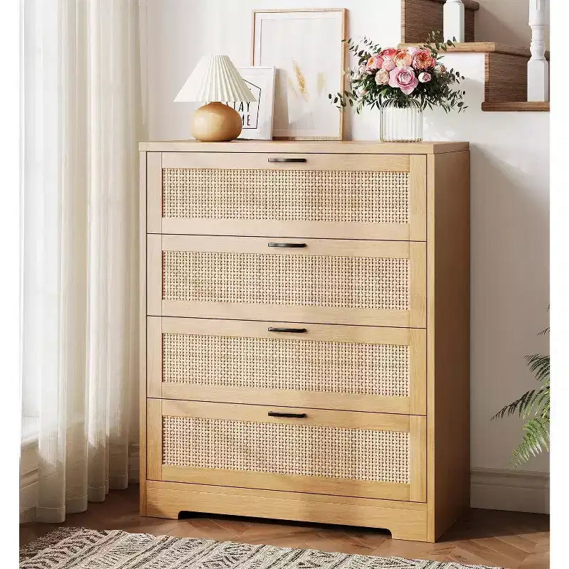 Cassettiera in rattan a 4 cassetti, Contenitore con cassetti, Comò moderno in legno per camera da letto, per Camera da letto, Ingresso, Corridoio