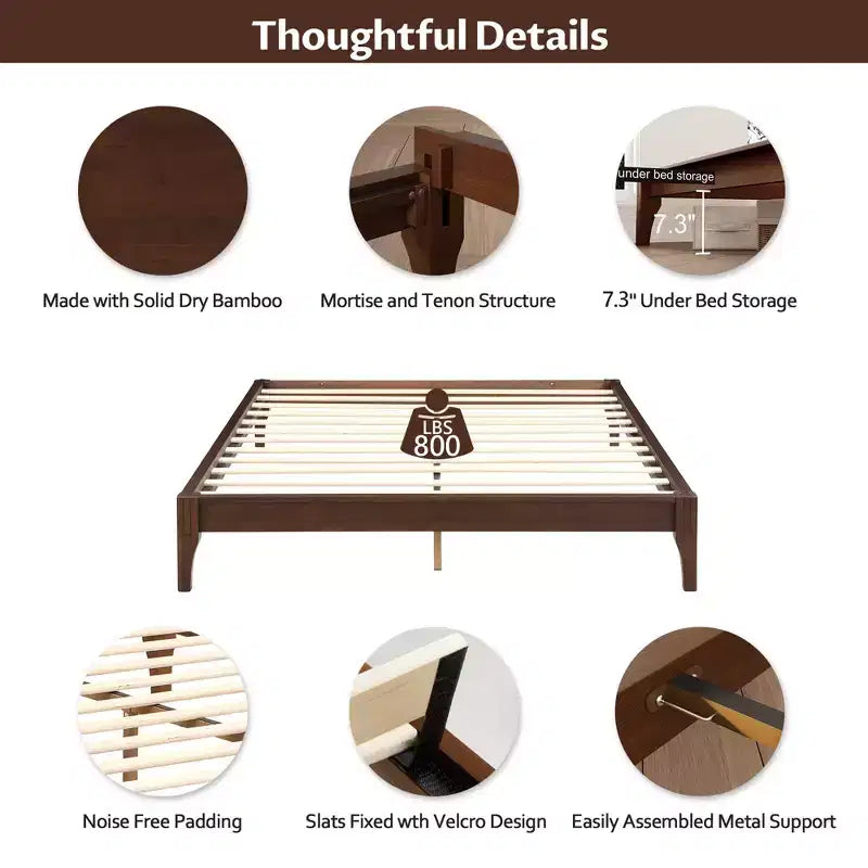 Letto a piattaforma King/Queen Size, struttura in legno massiccio di bambù essiccato con testiera alta imbottita, facile da montare