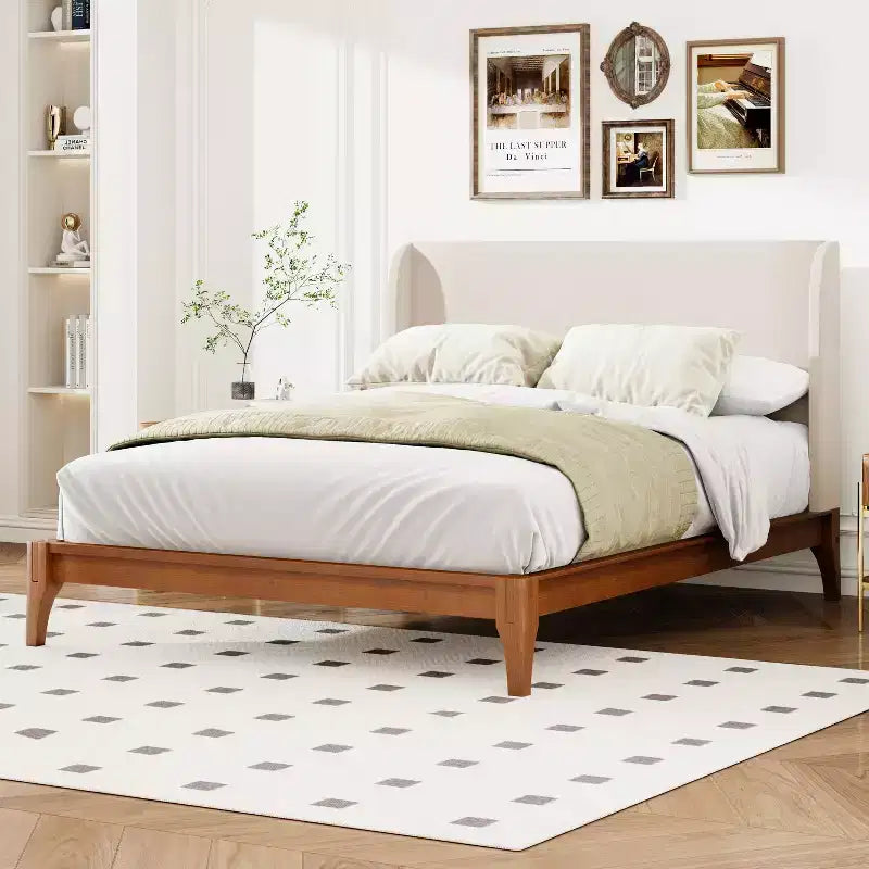 Letto a piattaforma King/Queen Size, struttura in legno massiccio di bambù essiccato con testiera alta imbottita, facile da montare