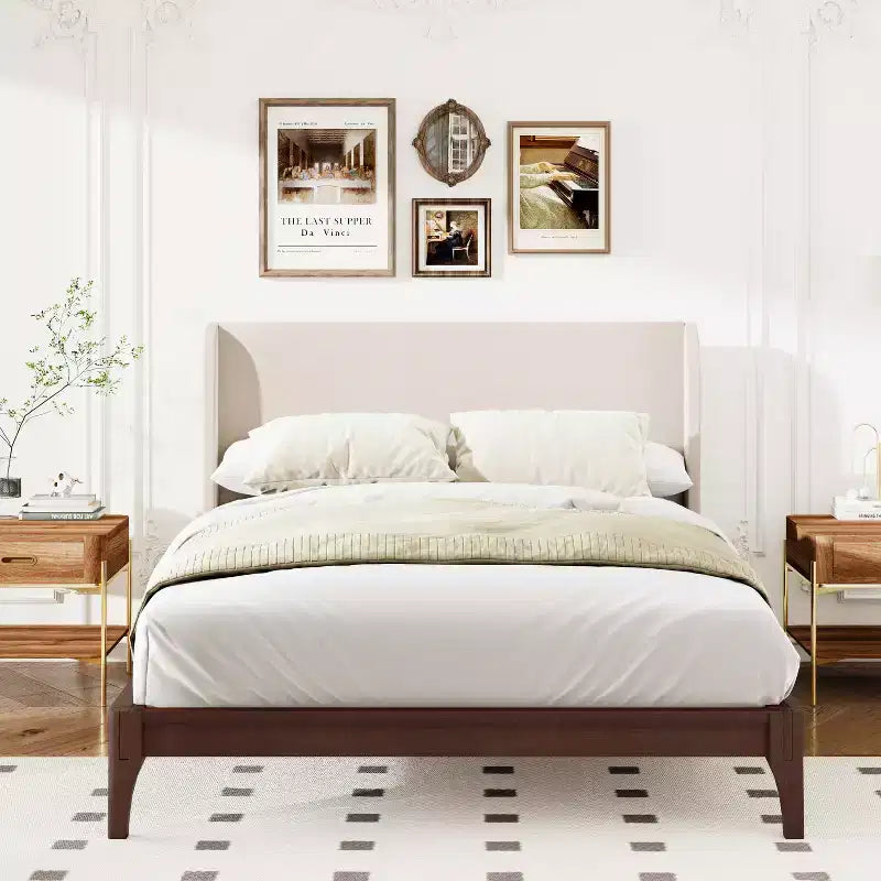 Letto a piattaforma King/Queen Size, struttura in legno massiccio di bambù essiccato con testiera alta imbottita, facile da montare