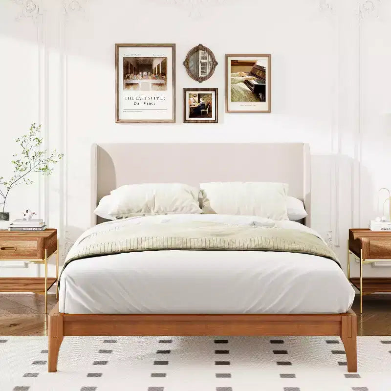 King/Queen Size Platform Bed, Solid Dry Bamboo Wood Bed Frame with Upholstered High Headboard, Easy Assembly -ModernLuxe