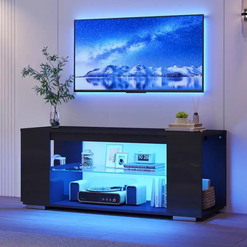 Mobile TV Lucido da 47 pollici per televisori fino a 55 pollici con LED e ripiani a giorno per l'intrattenimento