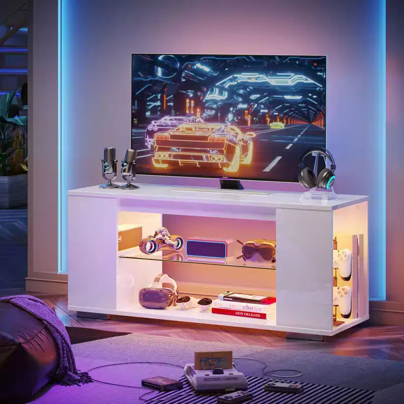 Mobile TV Lucido da 47 pollici per televisori fino a 55 pollici con LED e ripiani a giorno per l'intrattenimento