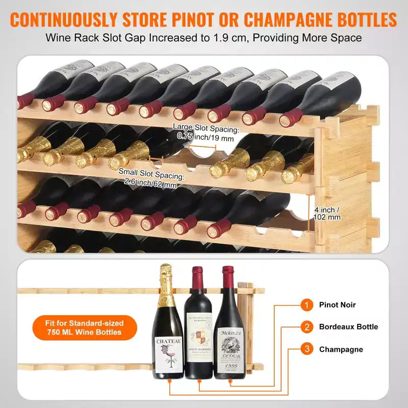 Portabottiglie modulare da 72 bottiglie, per conservare bottiglie di Pinot, scaffale in legno di bambù a 8 ripiani, espositore da pavimento indipendente per vini