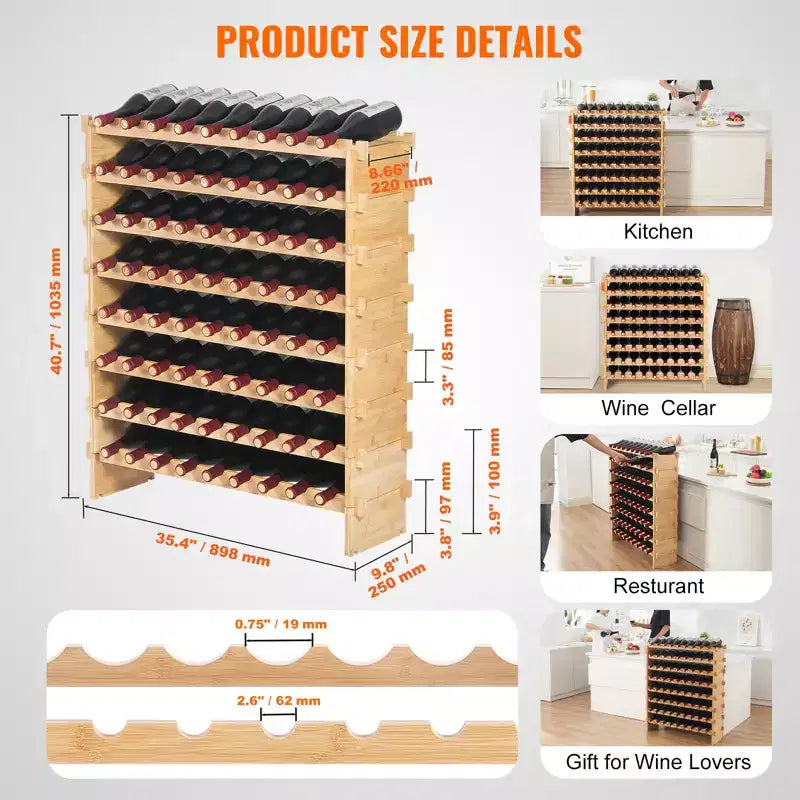 Portabottiglie modulare da 72 bottiglie, per conservare bottiglie di Pinot, scaffale in legno di bambù a 8 ripiani, espositore da pavimento indipendente per vini