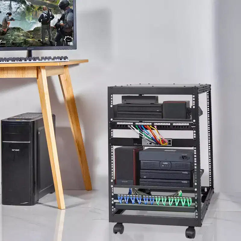 Armadio server open frame 15U, montabile a parete con 2 ripiani di raffreddamento e 4 ruote, profondità regolabile 23''-40'' per apparecchiature di rete e AV