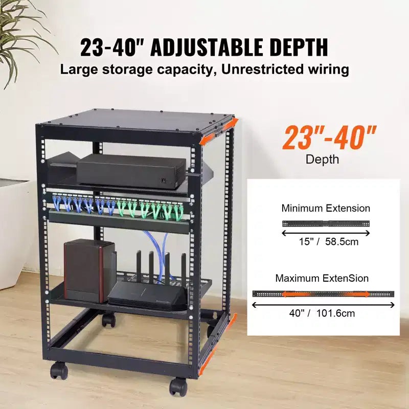 Armadio server open frame 15U, montabile a parete con 2 ripiani di raffreddamento e 4 ruote, profondità regolabile 23''-40'' per apparecchiature di rete e AV