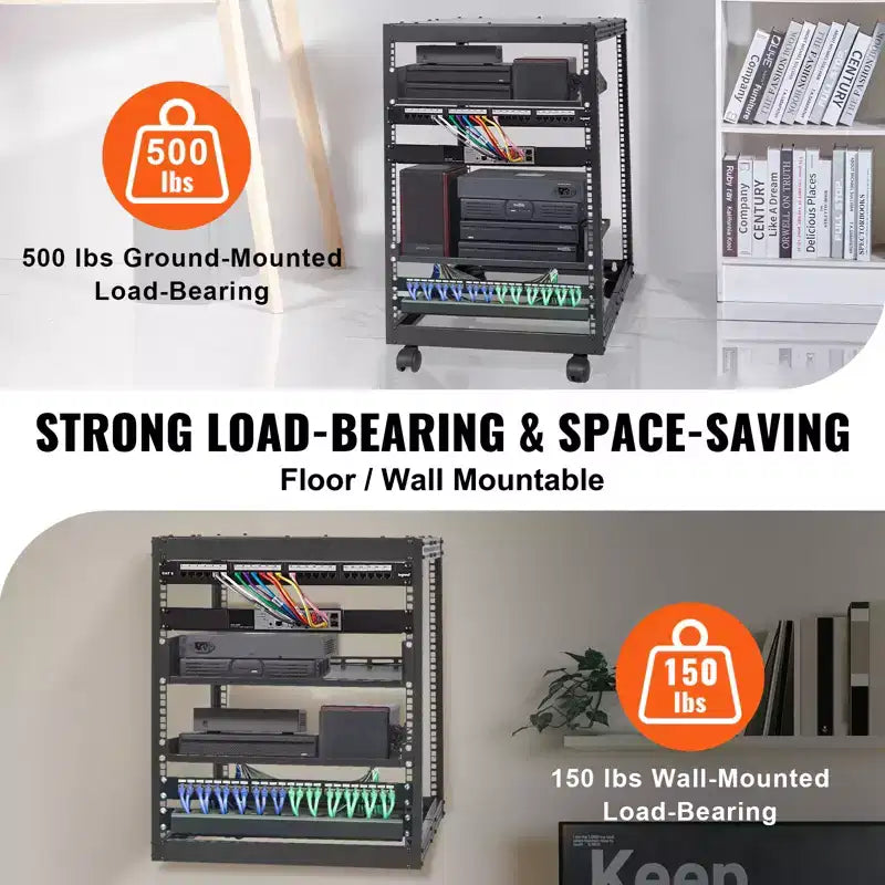 Armadio server open frame 15U, montabile a parete con 2 ripiani di raffreddamento e 4 ruote, profondità regolabile 23''-40'' per apparecchiature di rete e AV