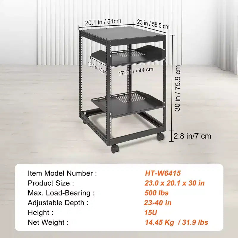 Armadio server open frame 15U, montabile a parete con 2 ripiani di raffreddamento e 4 ruote, profondità regolabile 23''-40'' per apparecchiature di rete e AV