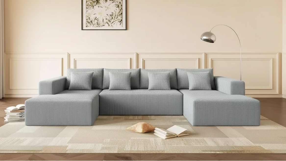 Extra Large Corduroy Sectional, Spacious U-Shape Design with 8 Throw Pillows, Dark Gray