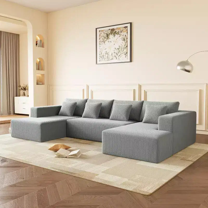 Divano Componibile Extra Large in Velluto a Coste, Design Spazioso a U con 8 Cuscini Decorativi, Grigio Scuro