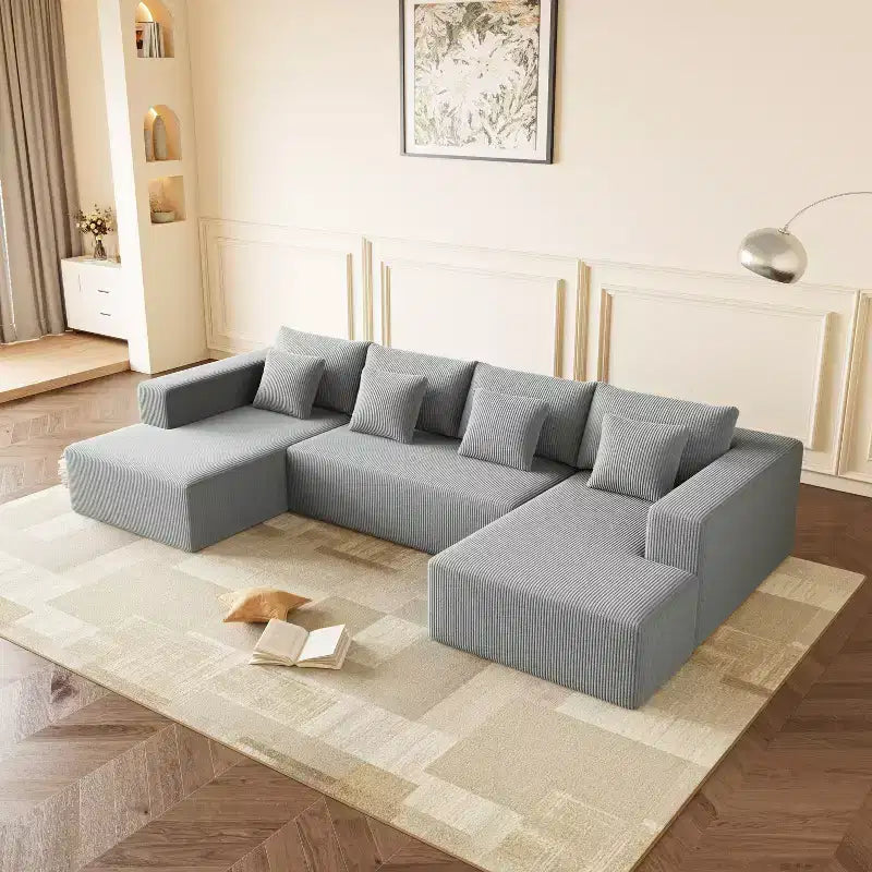 Divano Componibile Extra Large in Velluto a Coste, Design Spazioso a U con 8 Cuscini Decorativi, Grigio Scuro