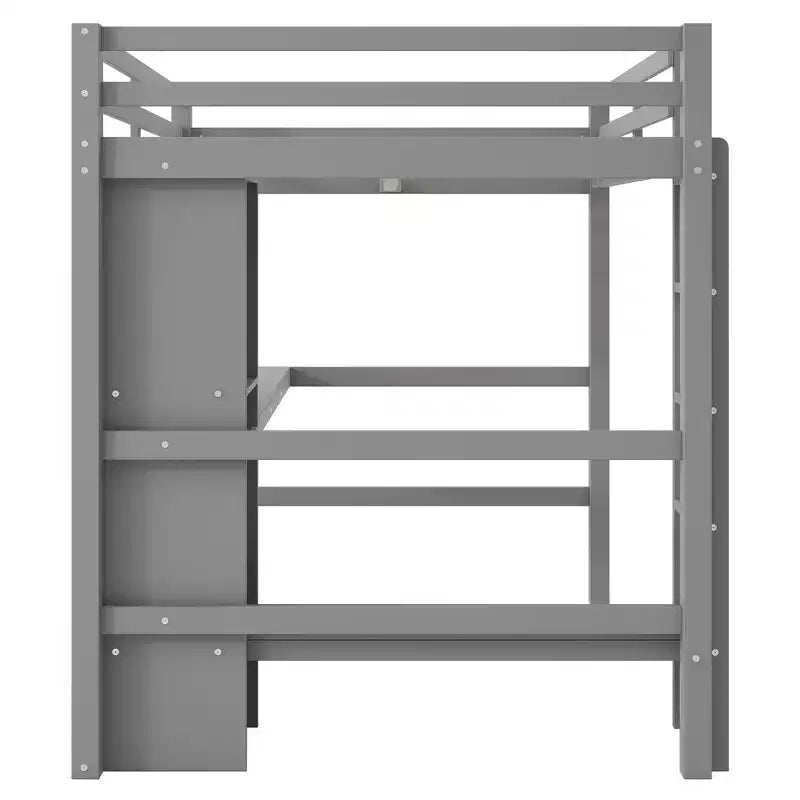 Letto a soppalco full size con scaffali multifunzione e scrivania sotto il letto