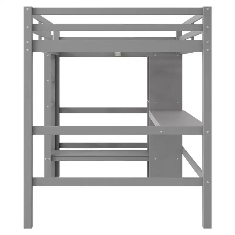 Letto a soppalco full size con scaffali multifunzione e scrivania sotto il letto