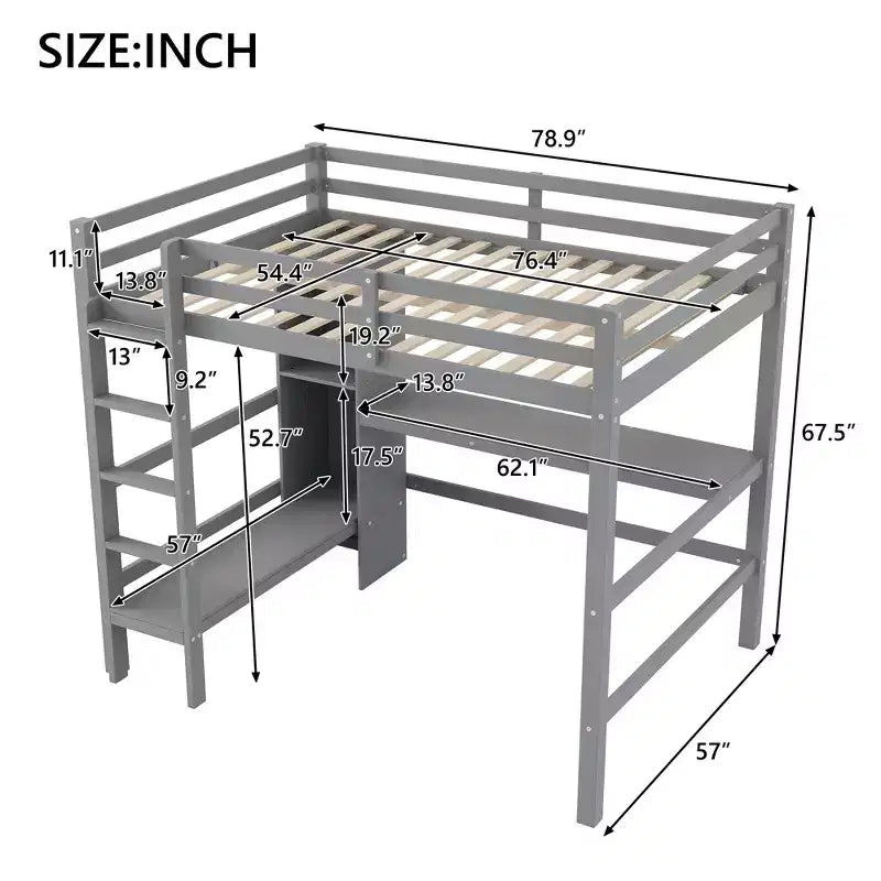 Letto a soppalco full size con scaffali multifunzione e scrivania sotto il letto