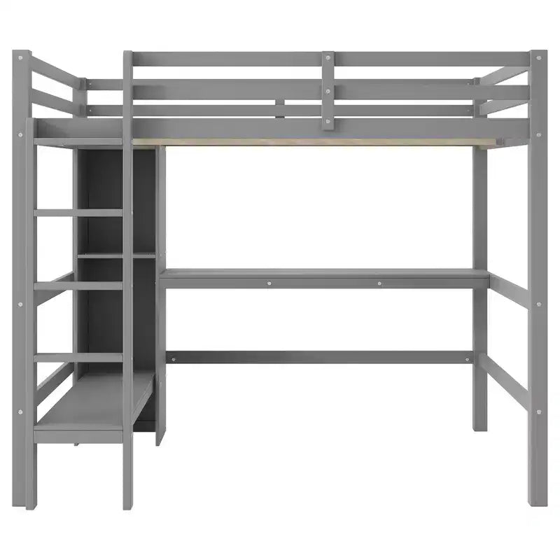 Letto a soppalco full size con scaffali multifunzione e scrivania sotto il letto