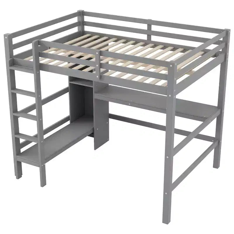 Letto a soppalco full size con scaffali multifunzione e scrivania sotto il letto