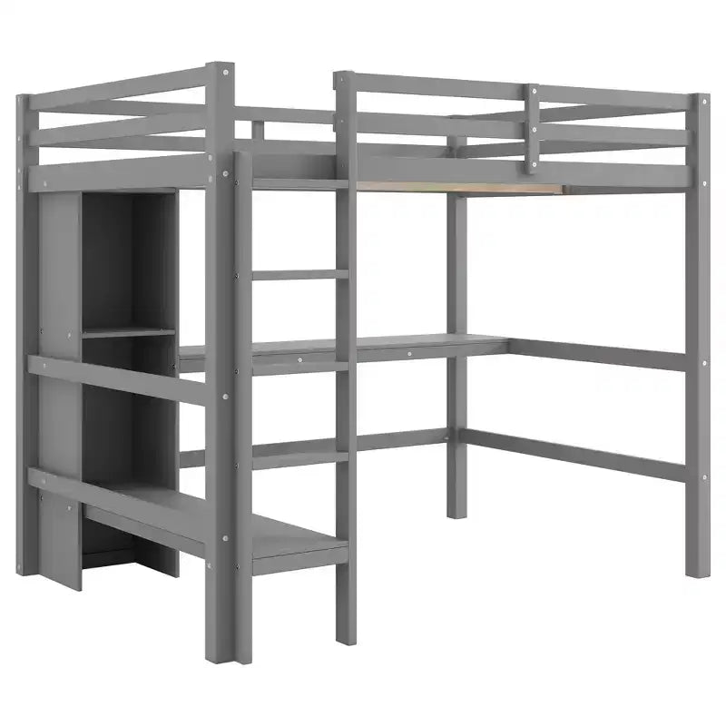 Letto a soppalco full size con scaffali multifunzione e scrivania sotto il letto