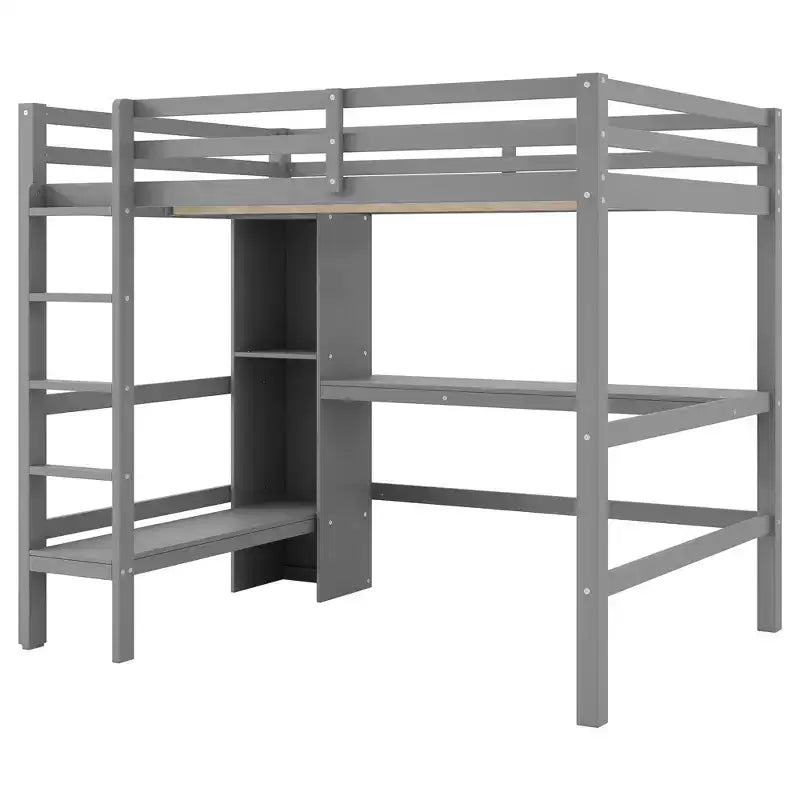 Letto a soppalco full size con scaffali multifunzione e scrivania sotto il letto