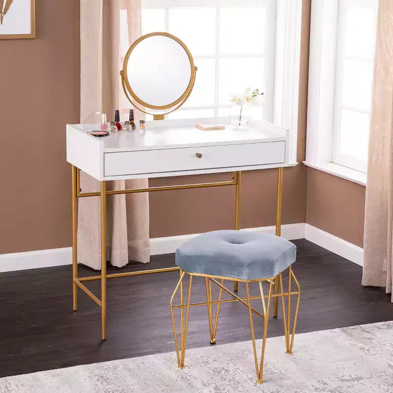 Consolle Trucco Con Specchio E Cassetto - Oro/Bianco