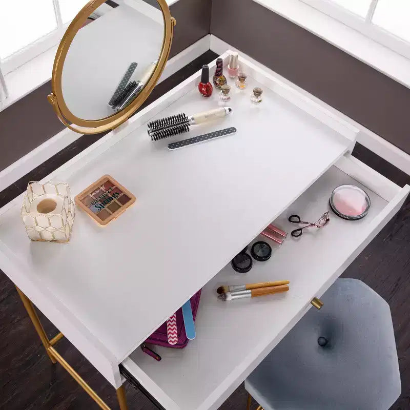 Consolle Trucco Con Specchio E Cassetto - Oro/Bianco