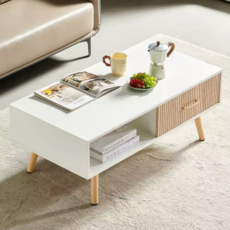 Tavolino rettangolare con gambe in legno massello, cassetto scorrevole per riporre oggetti, tavolo moderno, bianco