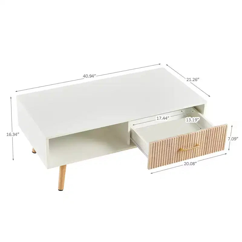 Tavolino rettangolare con gambe in legno massello, cassetto scorrevole per riporre oggetti, tavolo moderno, bianco