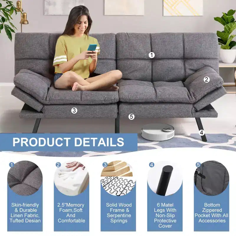 Divano letto convertibile in ecopelle da 71 pollici, divano futon in memory foam, divanetto letto moderno piccolo con schienale sdoppiato per soggiorno