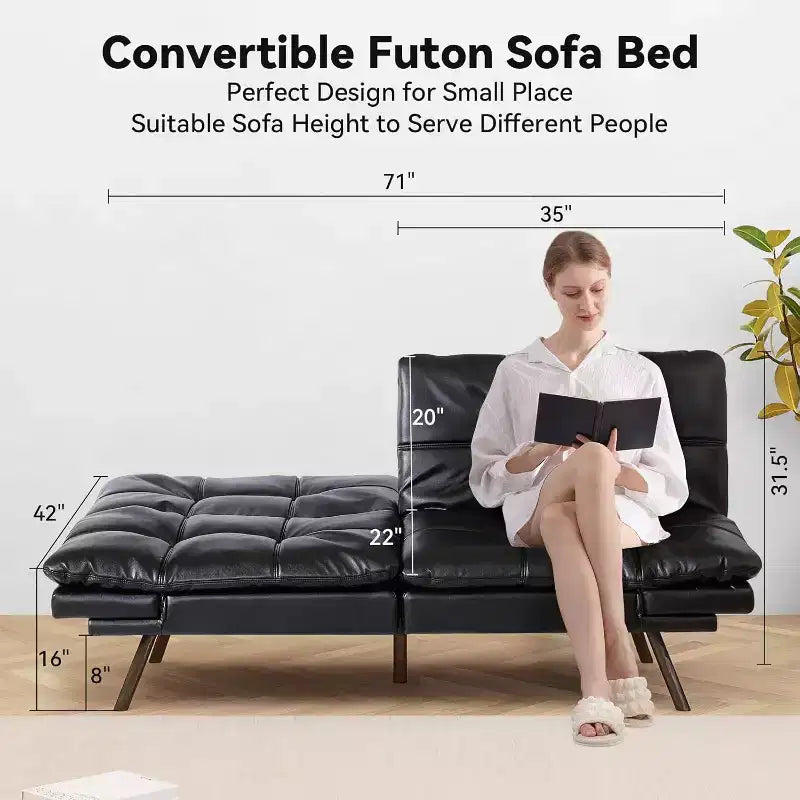 Divano letto convertibile in ecopelle da 71 pollici, divano futon in memory foam, divanetto letto moderno piccolo con schienale sdoppiato per soggiorno