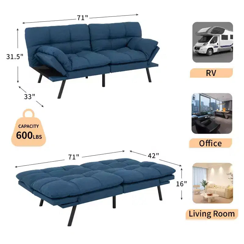 Divano letto convertibile in ecopelle da 71 pollici, divano futon in memory foam, divanetto letto moderno piccolo con schienale sdoppiato per soggiorno