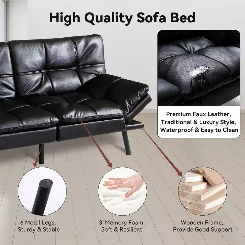 Divano letto convertibile in ecopelle da 71 pollici, divano futon in memory foam, divanetto letto moderno piccolo con schienale sdoppiato per soggiorno