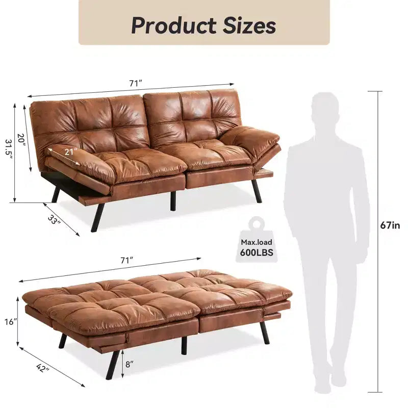 Divano letto convertibile in ecopelle da 71 pollici, divano futon in memory foam, divanetto letto moderno piccolo con schienale sdoppiato per soggiorno