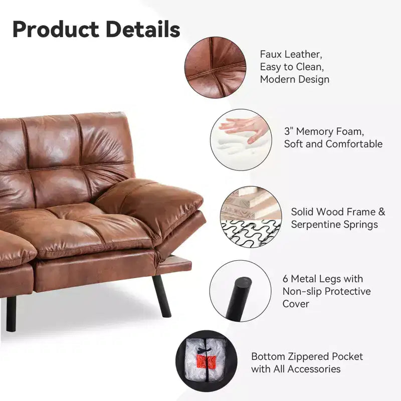 Divano letto convertibile in ecopelle da 71 pollici, divano futon in memory foam, divanetto letto moderno piccolo con schienale sdoppiato per soggiorno