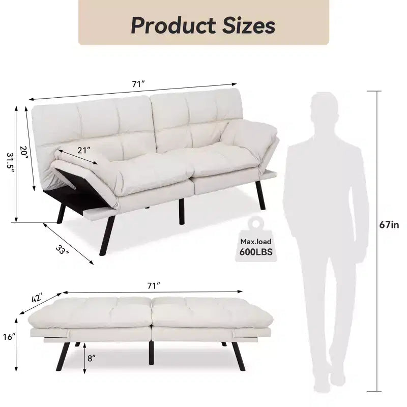 Divano letto convertibile in ecopelle da 71 pollici, divano futon in memory foam, divanetto letto moderno piccolo con schienale sdoppiato per soggiorno