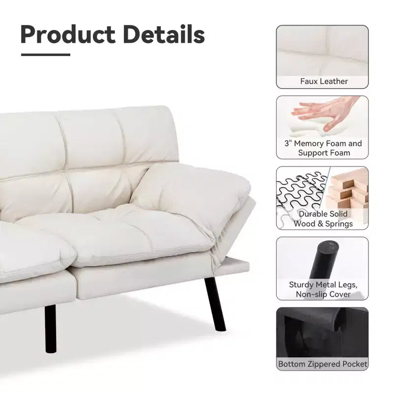 Divano letto convertibile in ecopelle da 71 pollici, divano futon in memory foam, divanetto letto moderno piccolo con schienale sdoppiato per soggiorno