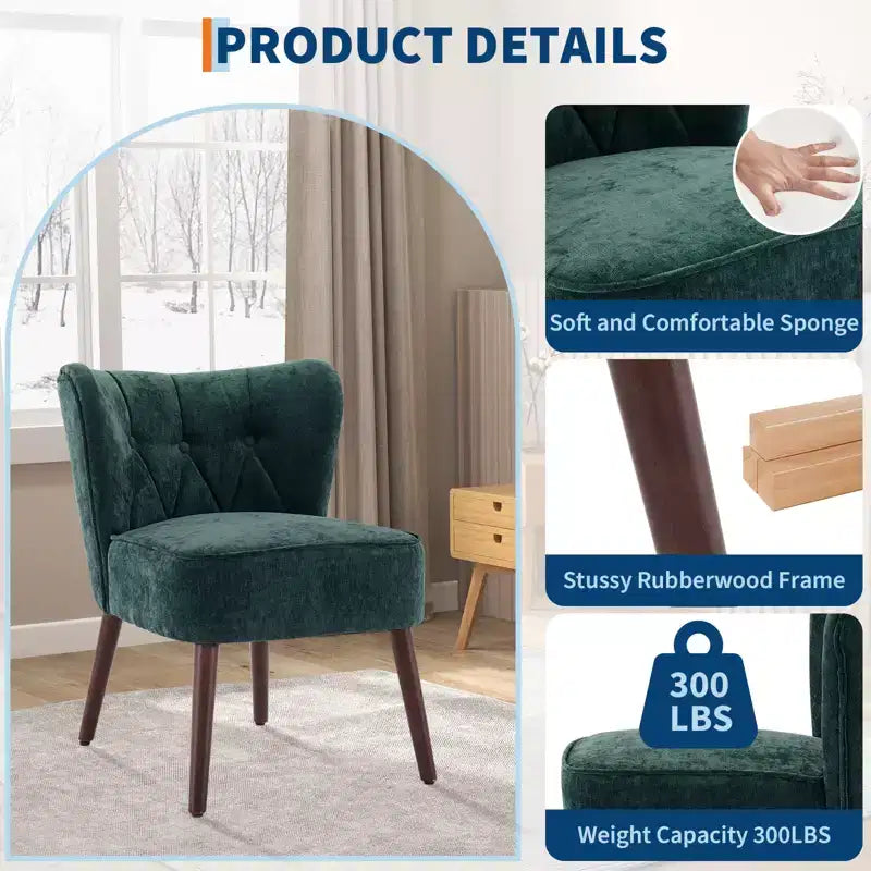 Poltrona moderna con schienale ad ali - Sedia lounge senza braccioli con gambe in legno, sedia laterale imbottita trapuntata per toeletta, tessuto confortevole, per soggiorno, camera da letto, patio