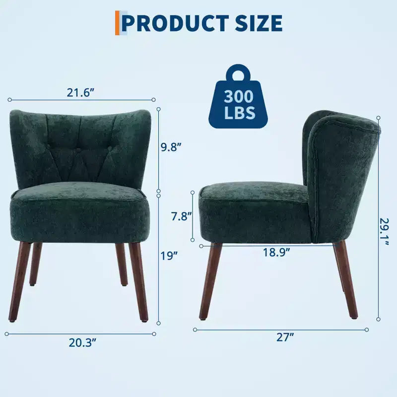 Poltrona moderna con schienale ad ali - Sedia lounge senza braccioli con gambe in legno, sedia laterale imbottita trapuntata per toeletta, tessuto confortevole, per soggiorno, camera da letto, patio