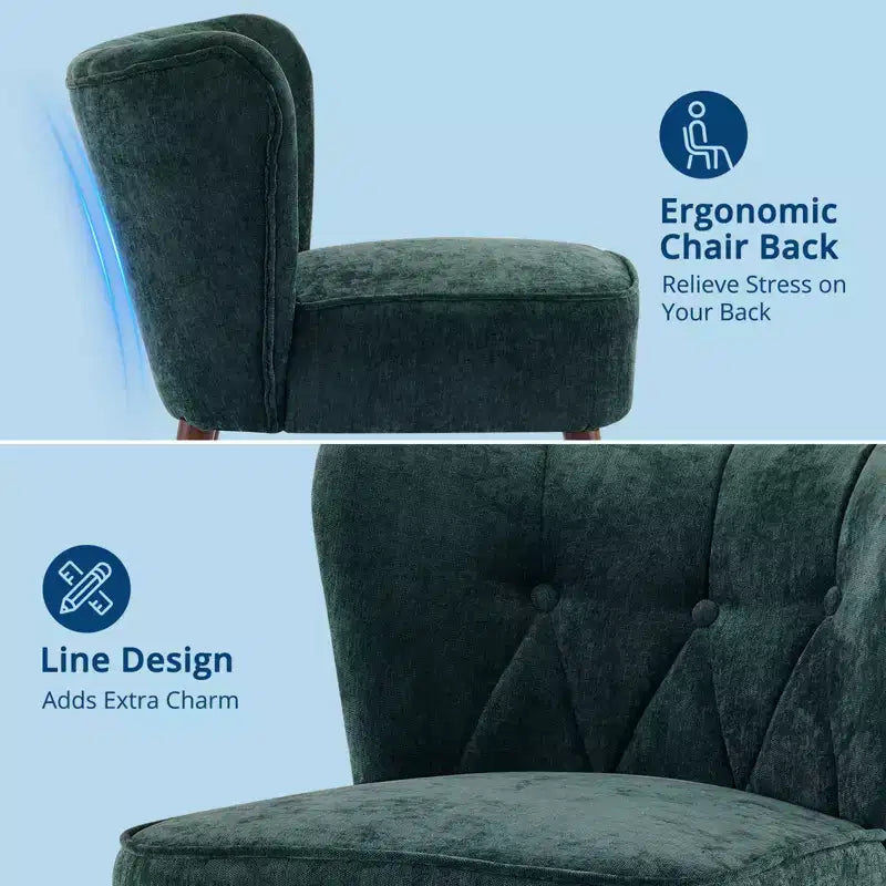 Poltrona moderna con schienale ad ali - Sedia lounge senza braccioli con gambe in legno, sedia laterale imbottita trapuntata per toeletta, tessuto confortevole, per soggiorno, camera da letto, patio
