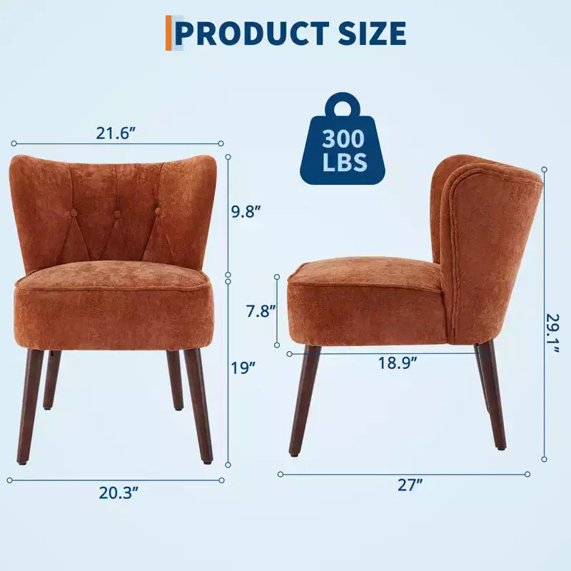 Poltrona moderna con schienale ad ali - Sedia lounge senza braccioli con gambe in legno, sedia laterale imbottita trapuntata per toeletta, tessuto confortevole, per soggiorno, camera da letto, patio
