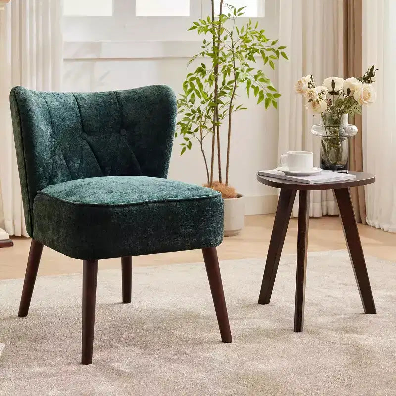 Poltrona moderna con schienale ad ali - Sedia lounge senza braccioli con gambe in legno, sedia laterale imbottita trapuntata per toeletta, tessuto confortevole, per soggiorno, camera da letto, patio