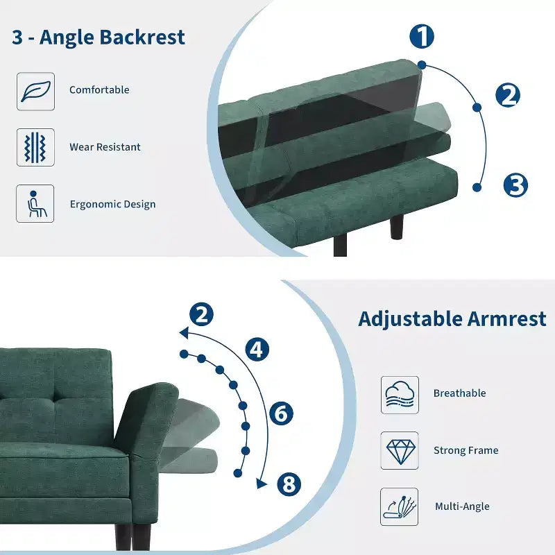 Divano letto futon 89, divano letto moderno con schienale e braccioli regolabili, divano letto futon convertibile con 2 cuscini per casa e ufficio