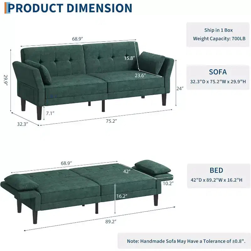 Divano letto futon 89, divano letto moderno con schienale e braccioli regolabili, divano letto futon convertibile con 2 cuscini per casa e ufficio