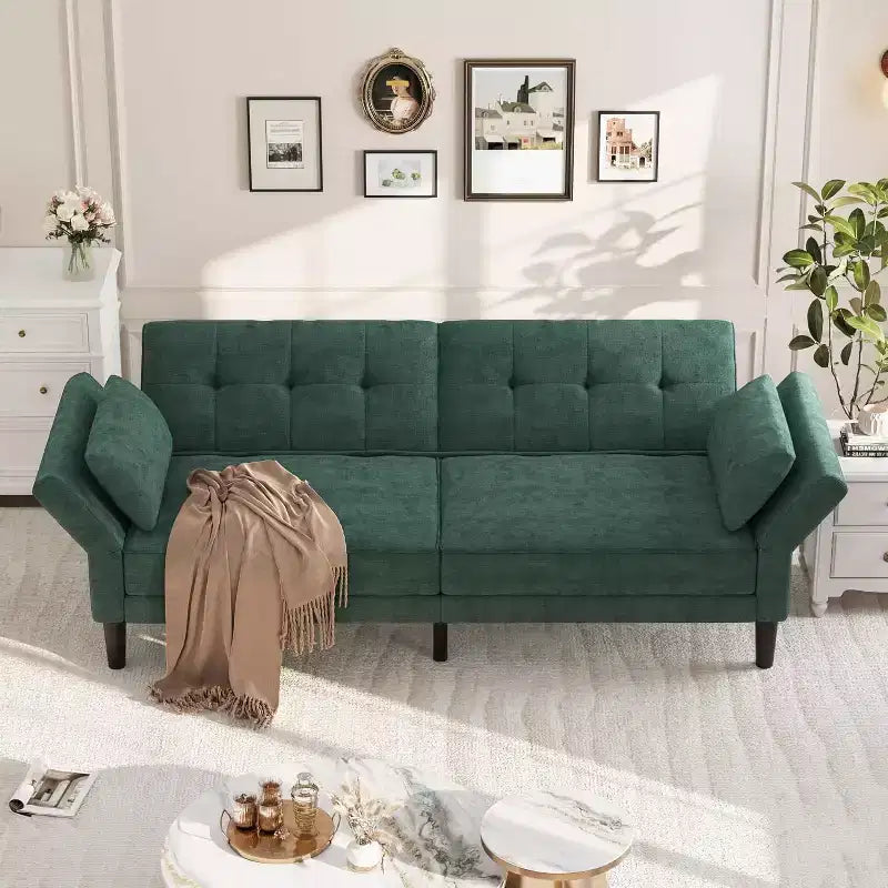 Divano letto futon 89, divano letto moderno con schienale e braccioli regolabili, divano letto futon convertibile con 2 cuscini per casa e ufficio